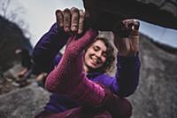 Climber putting on shoes, Squamish, Canada