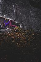 Climber bouldering in forest, Squamish, Canada