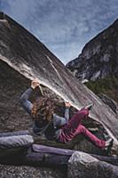 Climber bouldering in forest, Squamish, Canada