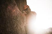 Climber trad climbing, Little Egypt, Bishop, Calif