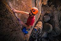 Climber trad climbing, Little Egypt, Bishop, Calif