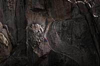 Climber trad climbing, Little Egypt, Bishop, Calif