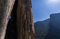Climber rock climbing, Cookie Cliff, Yosemite Nati
