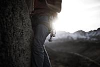 Climber trad climbing, Little Egypt, Bishop, Calif