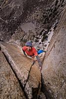 Climber trad climbing, Pine Creek, Bishop, Califor