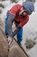 Climber trad climbing, Pine Creek, Bishop, Califor