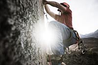 Climber trad climbing, Little Egypt, Bishop, Calif