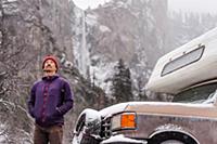 Climber in front of campervan, Yosemite National P