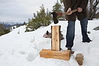 Mid adult man chopping logs on snow covered mounta