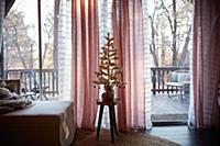 Decorated Christmas tree in living room, verandah 