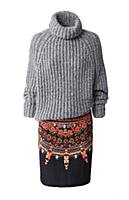 Gray sweater and patterned pencil skirt with rhine