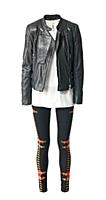 Black leather jacket over white top and patterned 