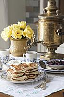 Blinis (honey-yeast pancakes, Russia) with cherry 