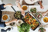 Lunch table filled with autumn dinner - pumpkin so