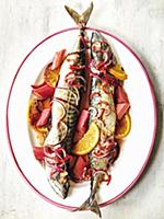 Mackerel cooked with rhubarb, red onion and orange