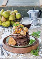 Chocolate crepes with pears