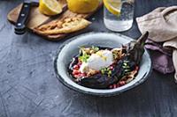 Grilled aubergine with soft cheese and tomato