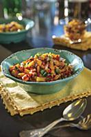 Peach Salsa in turquiose glased ceramic bowl