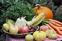 Harvest festival table laid with fruit, vegetables