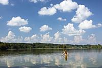 Young woman bathin in lake Ostersee, Upper Bavaria